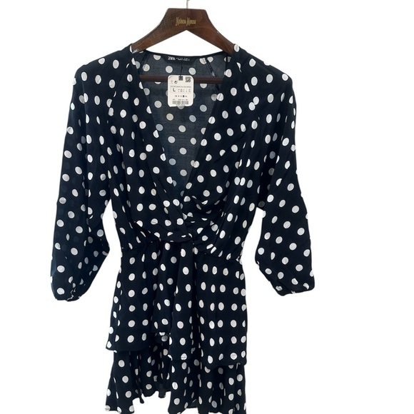 ZARA MINI Black Pullover V Neck Polka Dot Dress Batwing 2 Tier Skirt Size L NWT - Picture 5 of 13
